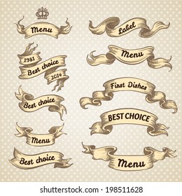 Vintage ribbon banners, hand drawn set. Menu background