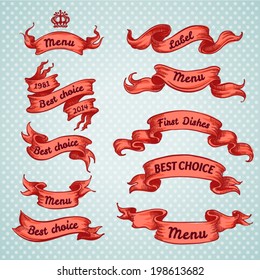 Vintage ribbon banners, hand drawn set. Menu background
