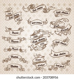 Vintage ribbon banners, hand drawn set. Menu background