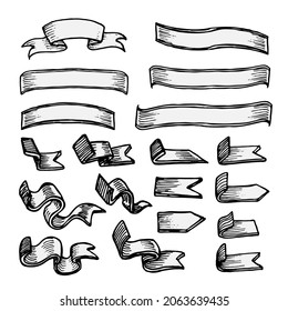Vintage ribbon banners hand drawn illustration isolated on white background. Set of vector elements for design.