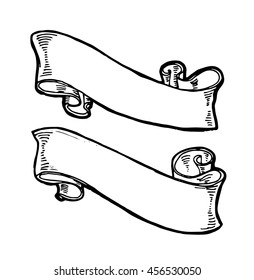 Vintage ribbon banners, hand drawn set. Collection of hand sketched elements. Vintage drawing in engraving style . Vector Illustration.