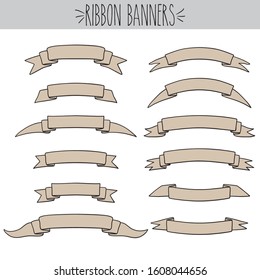 Vintage Ribbon Banners,  Scrolls, freehand, badge, curled, flag, blank, label, retro, template, Illustration, sale, set, manuscript, ancient, clip art, element, frame, message, shape, empty, Beige