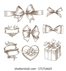 Vintage ribbon bow banners, hand drawn set