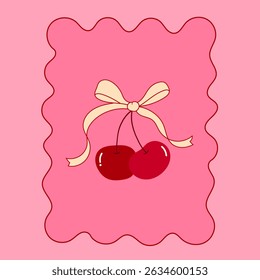vintage ribbon bow with cherry poster, retro decorative fruit and ribbon illustration for classic design themes