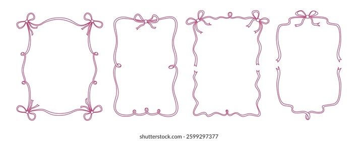 Vintage ribbon bows different frames in doodle style.Pretty border with ribbon shapes with space for text. Set vector illustration for cute cards, invitation, social media, poster