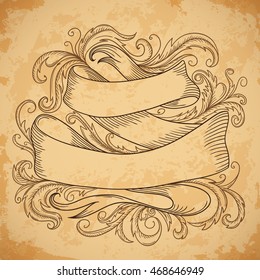 Vintage ribbon with decorative elements in baroque style on aged paper background. Retro hand drawn vector illustration