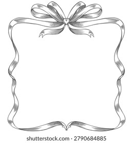 Vintage ribbon frame with double bow knot and brooch heart shape sketch style. Hand drawn engraved wavy ribbon square border. Greeting cards, wedding invitations vector design. Holiday ink decoration