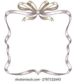Vintage ribbon frame with double bows knot and brooch heart shape sketch style. Wavy ribbons square border with yellow stripes. Greeting cards, wedding invitations vector design. Holiday decoration