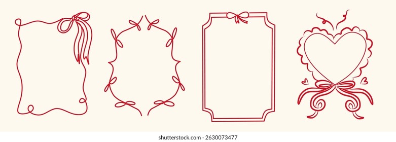 Vintage Ribbon Frame with Elegant Bow for Wedding Invitations , dinner, lunch, Anniversary Cards, and Party Invitations. Coquette Vector Illustration. Aesthetic whimsical collection. Dolce vita border