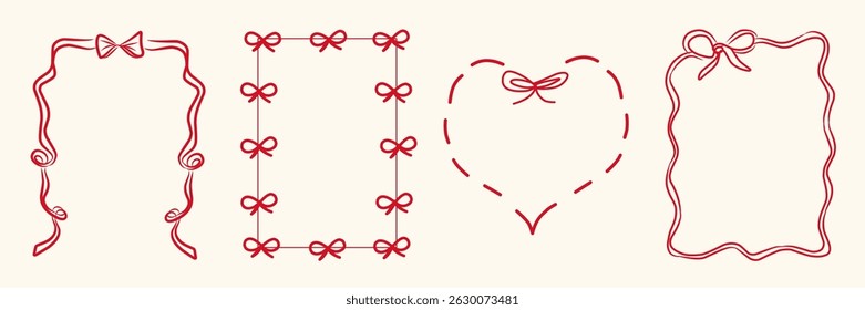 Vintage Ribbon Frame with Elegant Bow for Wedding Invitations , dinner, lunch, Anniversary Cards, and Party Invitations. Coquette Vector Illustration. Aesthetic whimsical collection. Dolce vita border