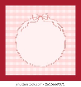Vintage ribbon frame on red square background. Pretty round frame from ribbon with bow and space for text