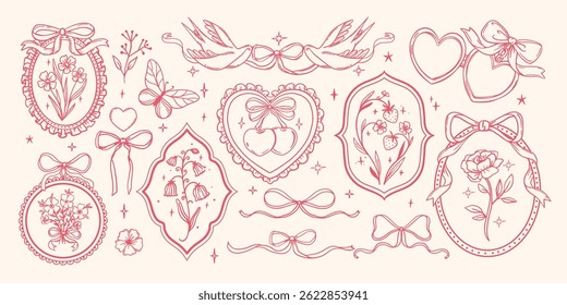 Vintage ribbon frame. Retro floral bows. Hand drawn elegant coquette flower, butterfly, heart, bird, cherry elements. Ornate decor frame for invitation. Vector set.