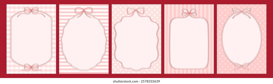 Vintage ribbon frames. Set cute cards for invitation or holiday. Pretty frames from ribbon with bows different shapes with space for text. 