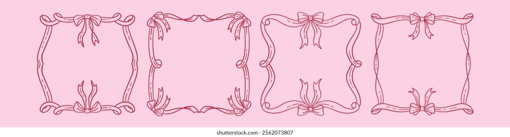 Vintage ribbon frames set in hand drawn doodle style for greeting card, wedding, menu, birthday, friendsmas, retro party invitation design. Wavy frames with bow in elegant coquette style. Vector.