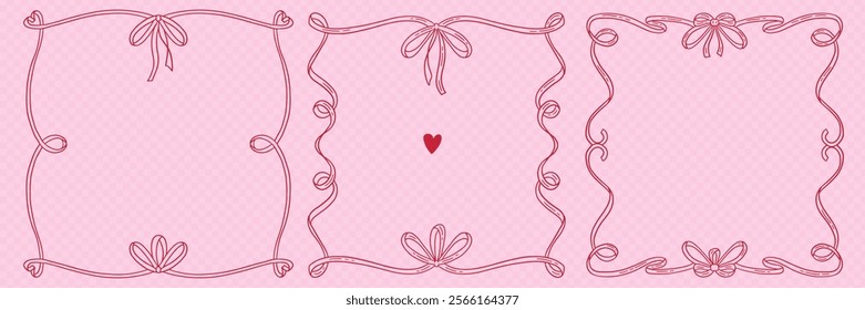 Vintage ribbon frames set in hand drawn doodle style for greeting card, wedding, menu, birthday, friendsmas, retro party invitation design. Wavy frames with bow in elegant coquette style. Vector.