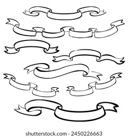 Vintage ribbon. Hand drawn retro scroll flag antique element. Decoration swirl tape engraving. Curled elegant bands. Isolated old stripe labels. Outline header frames. Vector sketch set