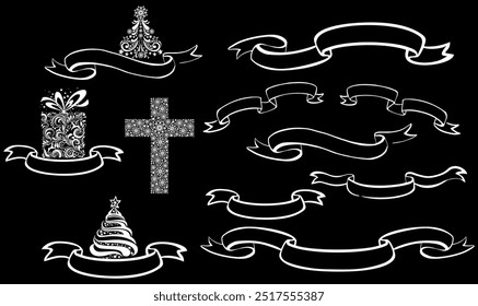 Vintage ribbon. Hand drawn retro scroll flag antique element. Decoration swirl tape engraving. Curled elegant bands. Isolated old stripe labels. Outline header frames. Vector sketch set