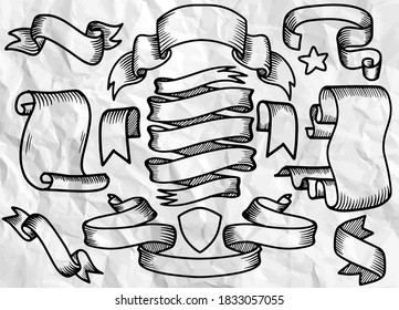 Vintage Ribbon ,Hand drawn set of different Vintage ribbons. Design elements for greeting cards, banners, invitations. Sketch, Each on a separate layer.