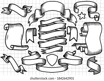 Vintage Ribbon ,Hand drawn set of different Vintage ribbons. Design elements for greeting cards, banners, invitations. Sketch, Each on a separate layer.