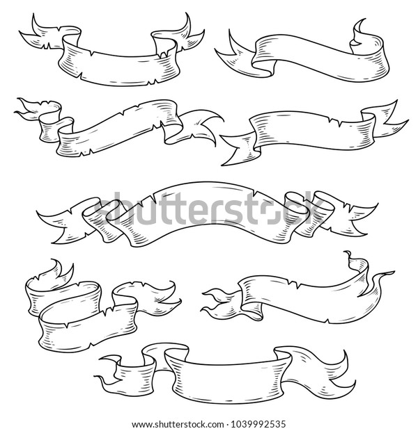 ビンテージリボン 手描きのセット 装飾用の古いリボン 装飾デザインエレメント 古いビンテージスタイル 白黒のイラスト のベクター画像素材 ロイヤリティフリー 1039992535