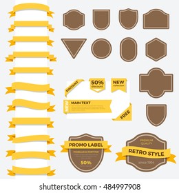 Vintage ribbon labels and frames in brown yellow color vector template set. Stripe bands for your text, sale and logo. Retro Infographics background concept.