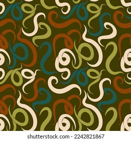 Vintage ribbon seamless pattern. Multi-colored twisted and curved ribbons are randomly located on a dark background. Template for your projects. Vector.
