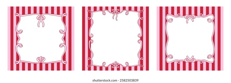 Vintage ribbon striped frames collection. Set cute French cards for invitation or holiday, valentine s day. Coquette frames made of various ribbons with bows with space for text. Vector illustration.