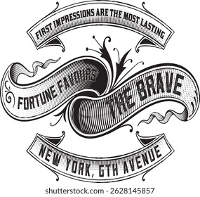 Vintage Ribbon Typography Art – Fortune Favours the Brave Quote Design