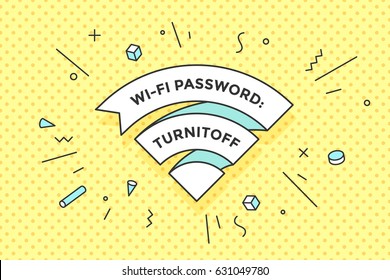 Sinal de Wi-Fi de fita vintage para wi-fi gratuito no café ou restaurante, menu e design. Ícone Wi-Fi em estilo de linha no fundo colorido estilo memphis. Elemento de design para o tema da internet. Ilustração vetorial