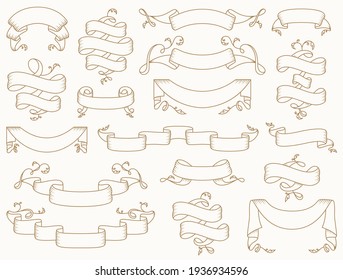Vintage ribbons with antique flourishes. Vector set. Collection of elegant outline banners isolated on clean background. Various shapes.
