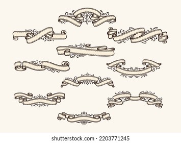 Vintage ribbons with antique flourishes. Vector set. Collection of elegant outline banners isolated on clean background. Various shapes