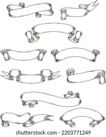 Vintage ribbons with antique flourishes. Vector set. Collection of elegant outline banners isolated on clean background. Various shapes