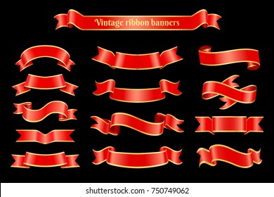 Vintage ribbons banner, set of icons with curled empty red flags of various shapes with yellow borders vector illustration isolated on black