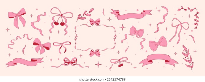 Vintage ribbons border, bows, botanical elements and banners. Hand drawn coquette girly style. Trendy y2k aesthetic. Design elements for Valentine's day, greeting cards, invitations