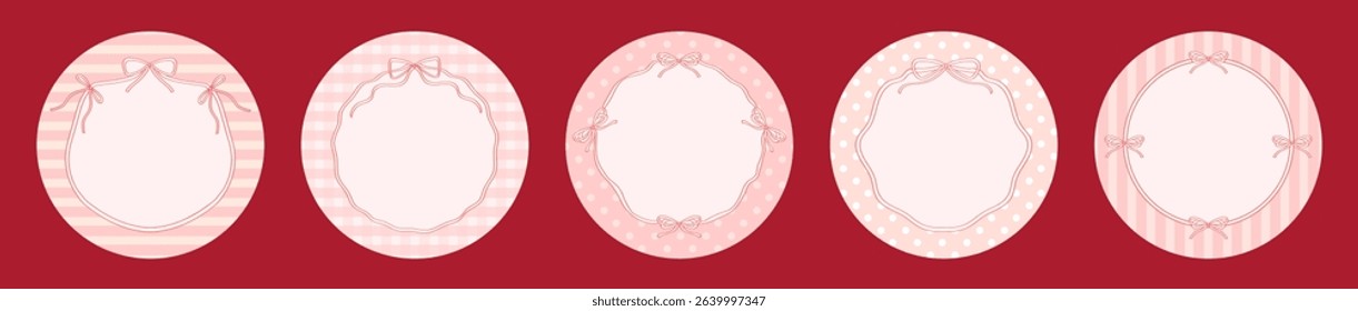 Vintage ribbons frames on round background. Set pink cards for invitation or holiday. Pretty round frames from ribbon with bows.