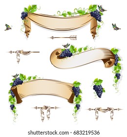 Vintage ribbons with grapes and arrows. Vector set of illustrations.