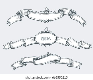 Vintage ribbons. The image is drawn by hand in the style of the sketch by the liner. Tapes for postcards, invitations, posters, banners and background
