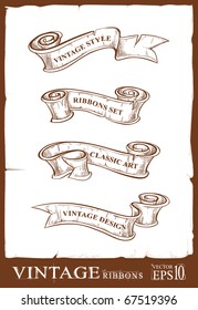 Vintage ribbons set. Banners for your design. Dirty old school hand drawn illustration. Layered. Vector EPS 10 illustration.