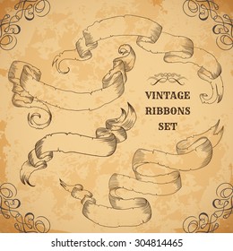 Vintage ribbons set. Vector illustration. Engraved decorative ornate frames. Victorian style. Place for text message.Retro hand drawn design elements collection on aged card paper.