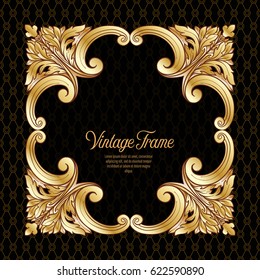 Vintage richly decorated frame in rococo style for menus, ads, advertisements, labels. In gold on black background. Stock vector illustration.