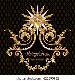 Vintage richly decorated frame in rococo style for menus, ads, advertisements, labels. In gold on black background. Stock vector illustration.