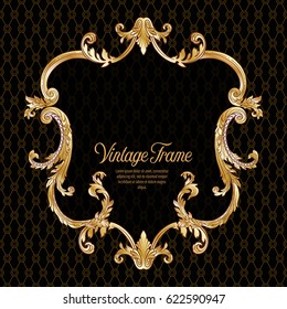 Vintage richly decorated frame in rococo style for menus, ads, advertisements, labels. In gold on black background. Stock vector illustration.