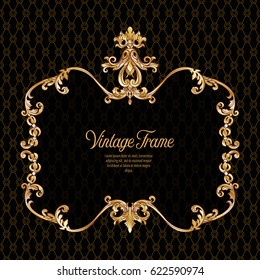 Vintage richly decorated frame in rococo style for menus, ads, advertisements, labels. In gold on black background. Stock vector illustration.