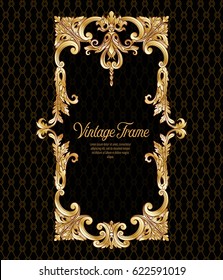 Vintage richly decorated frame in rococo style for menus, ads, advertisements, labels. In gold on black background. Stock vector illustration.