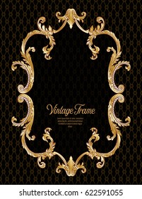 Vintage richly decorated frame in rococo style for menus, ads, advertisements, labels. In gold on black background. Stock vector illustration.