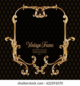Vintage richly decorated frame in rococo style for menus, ads, advertisements, labels. In gold on black background. Stock vector illustration.