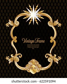 Vintage richly decorated frame in rococo style for menus, ads, advertisements, labels. In gold on black background. Stock vector illustration.