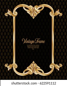 Vintage richly decorated frame in rococo style for menus, ads, advertisements, labels. In gold on black background. Stock vector illustration.