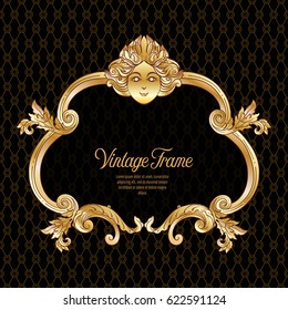 Vintage richly decorated frame in rococo style for menus, ads, advertisements, labels. In gold on black background. Stock vector illustration.
