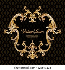 Vintage richly decorated frame in rococo style for menus, ads, advertisements, labels. In gold on black background. Stock vector illustration.